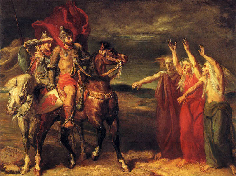 Macbeth and Banquo meeting the witches on the heath, painted by Theodore Chasseriau.